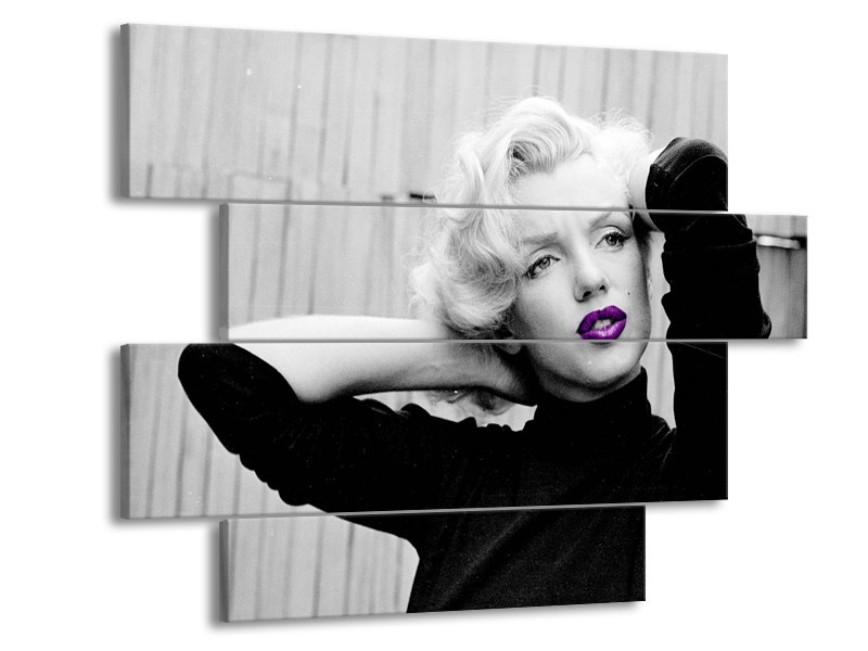 Canvas Schilderij Marilyn Monroe | Grijs, Zwart, Paars | 115x85cm 4Luik