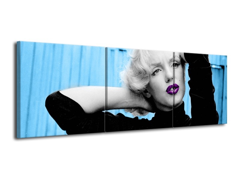 Glasschilderij Marilyn Monroe | Blauw, Zwart, Paars | 120x40cm 3Luik