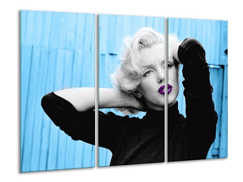 Glasschilderij Marilyn Monroe | Blauw, Zwart, Paars | 120x80cm 3Luik