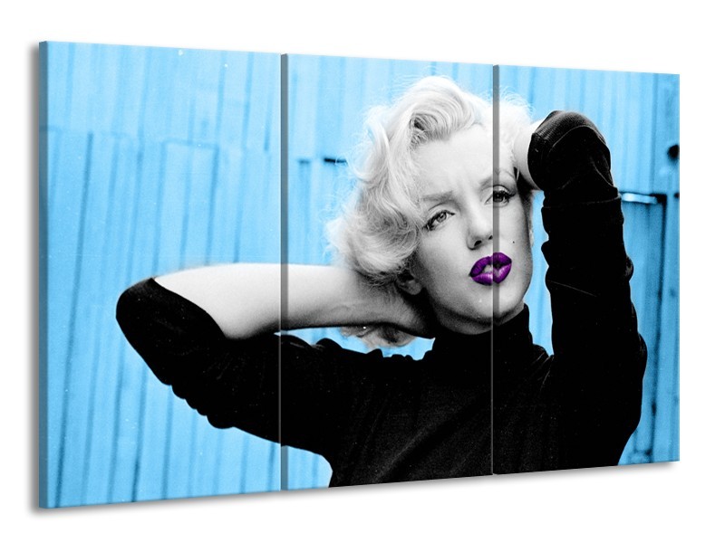 Glasschilderij Marilyn Monroe | Blauw, Zwart, Paars | 165x100cm 3Luik