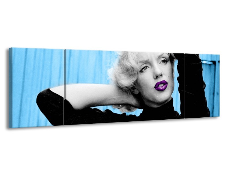 Glasschilderij Marilyn Monroe | Blauw, Zwart, Paars | 170x50cm 3Luik