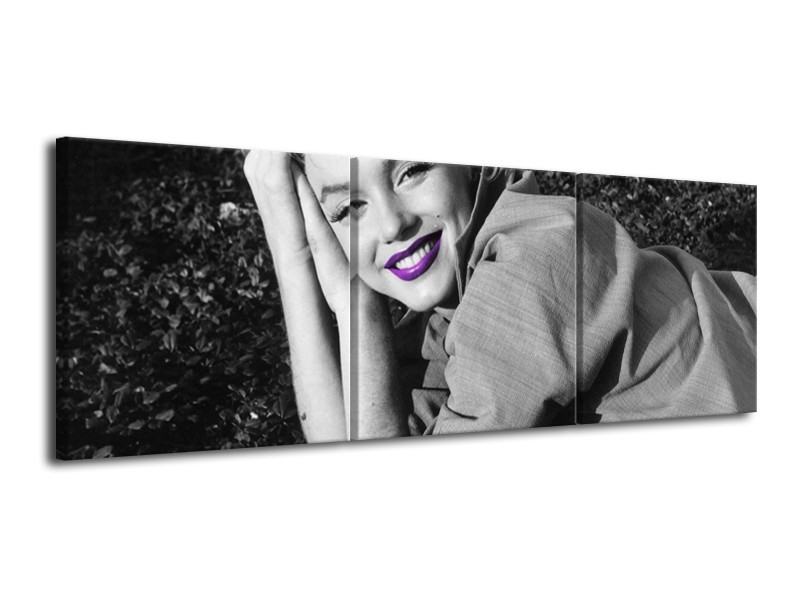 Canvas Schilderij Marilyn Monroe | Grijs, Zwart, Paars | 120x40cm 3Luik