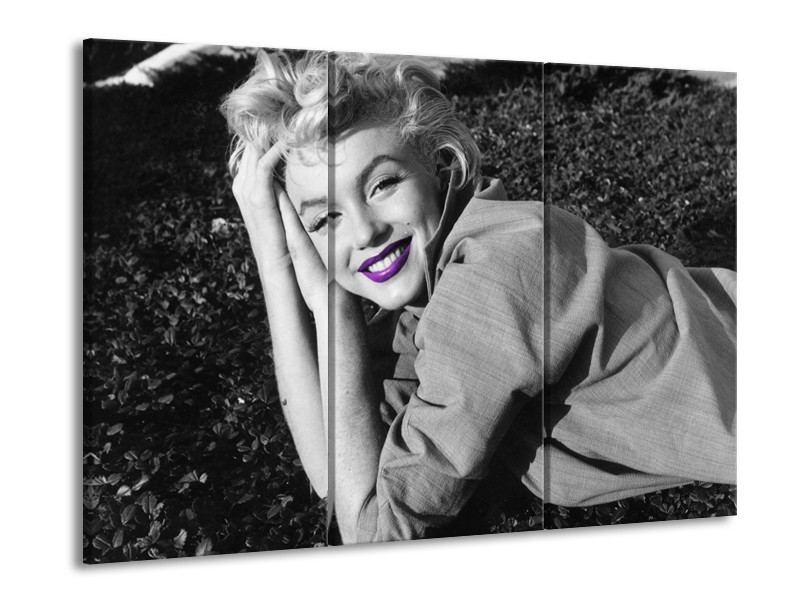 Canvas Schilderij Marilyn Monroe | Grijs, Zwart, Paars | 60x90cm 3Luik