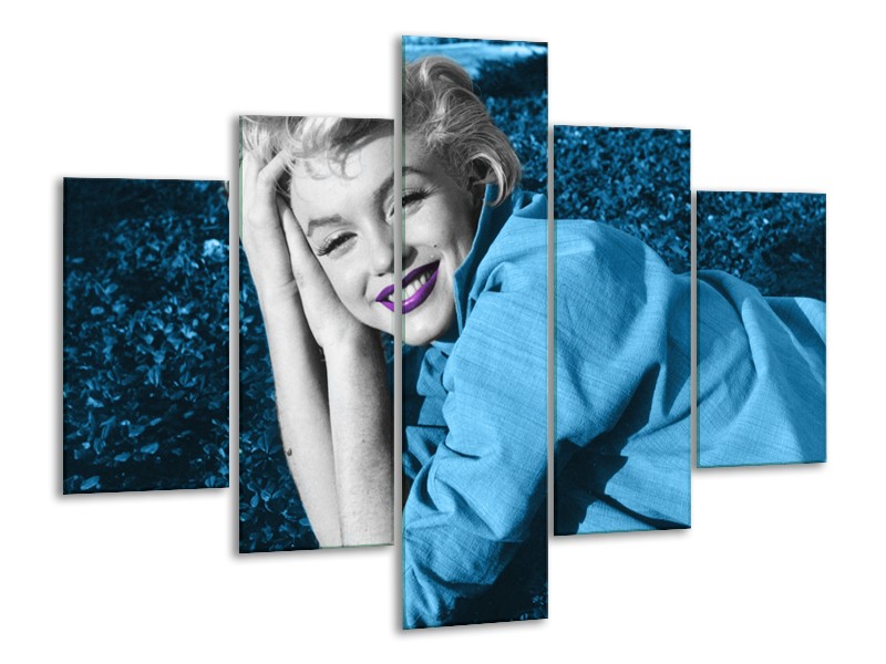 Canvas Schilderij Marilyn Monroe | Blauw, Paars, Grijs | 100x70cm 5Luik