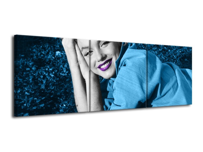 Canvas Schilderij Marilyn Monroe | Blauw, Paars, Grijs | 120x40cm 3Luik