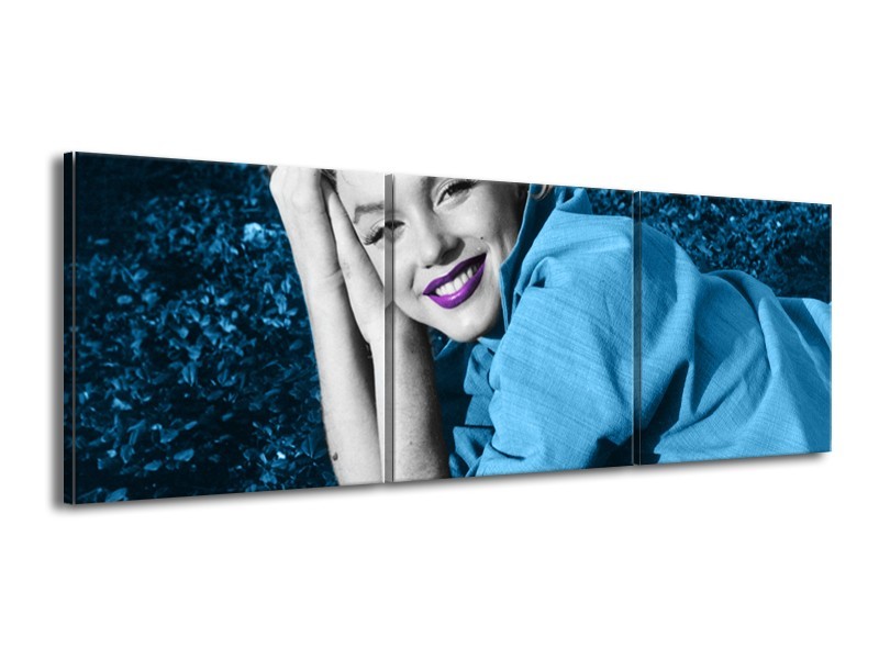 Canvas Schilderij Marilyn Monroe | Blauw, Paars, Grijs | 150x50cm 3Luik