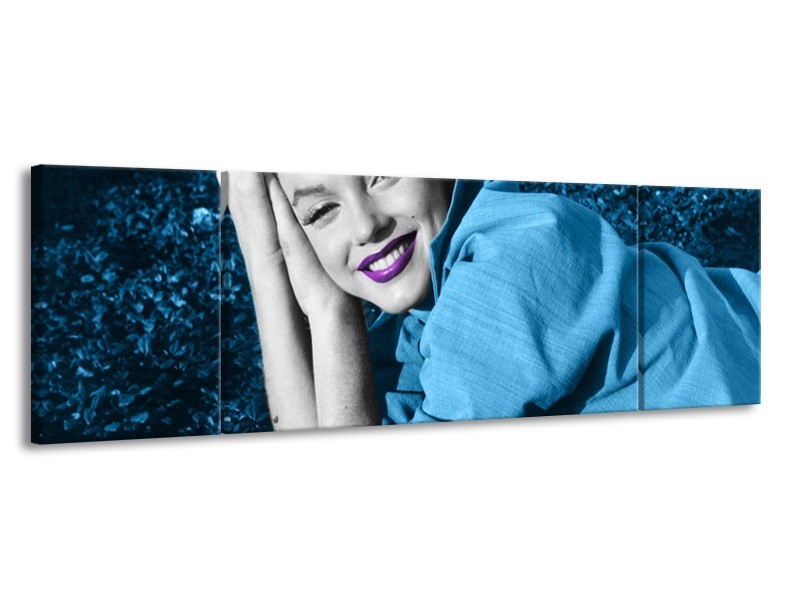 Glasschilderij Marilyn Monroe | Blauw, Paars, Grijs | 170x50cm 3Luik