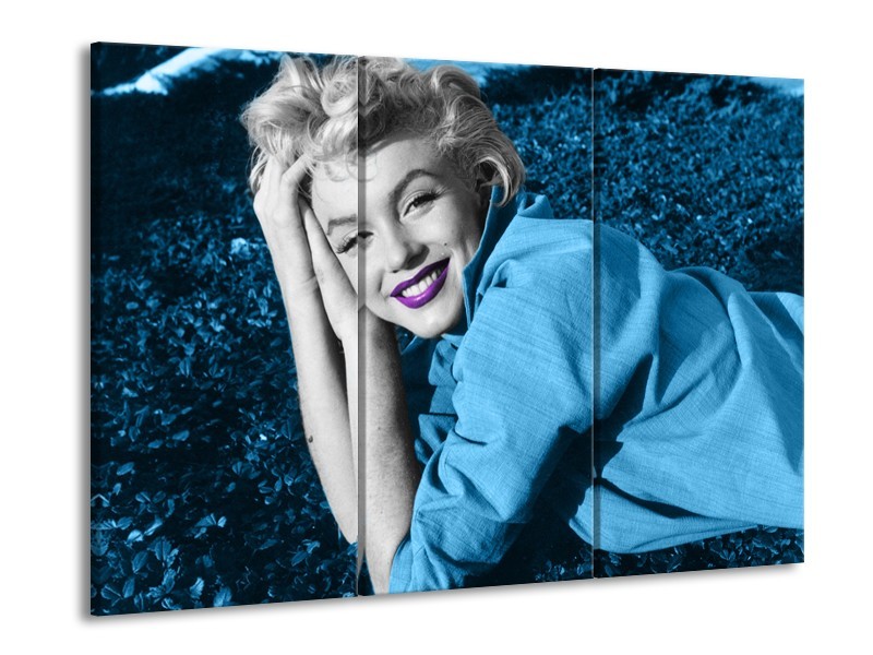 Canvas Schilderij Marilyn Monroe | Blauw, Paars, Grijs | 60x90cm 3Luik