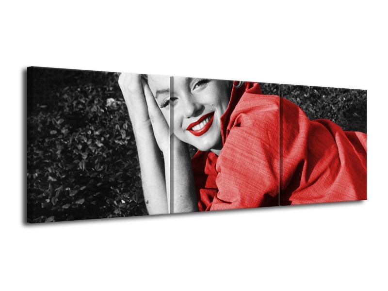 Canvas Schilderij Marilyn Monroe | Zwart, Rood, Grijs | 120x40cm 3Luik