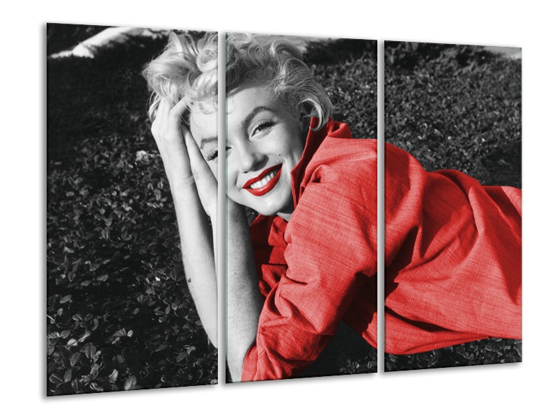 Glasschilderij Marilyn Monroe | Zwart, Rood, Grijs | 120x80cm 3Luik