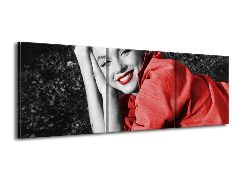 Glasschilderij Marilyn Monroe | Zwart, Rood, Grijs | 150x50cm 3Luik