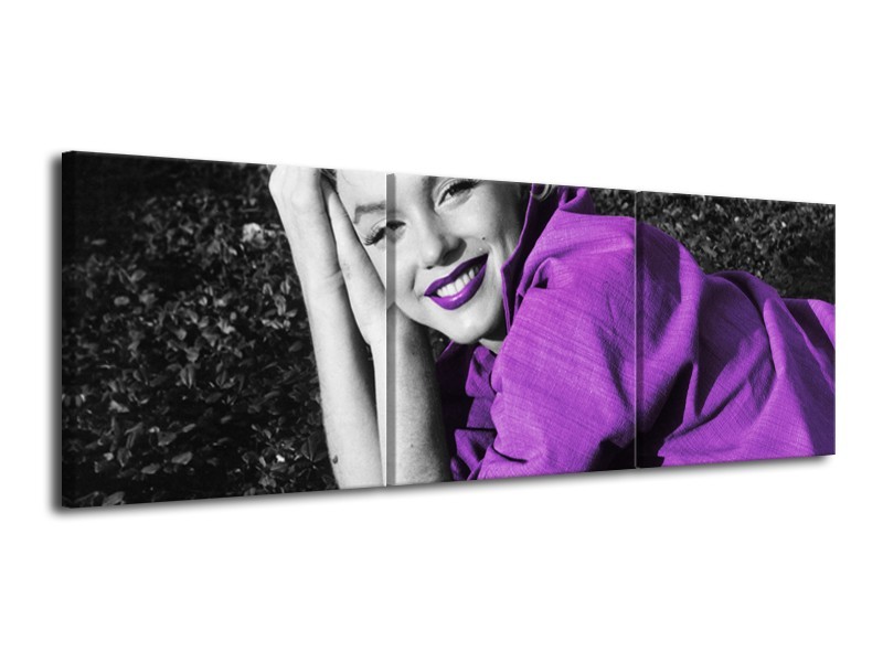 Canvas Schilderij Marilyn Monroe | Zwart, Grijs, Paars | 120x40cm 3Luik