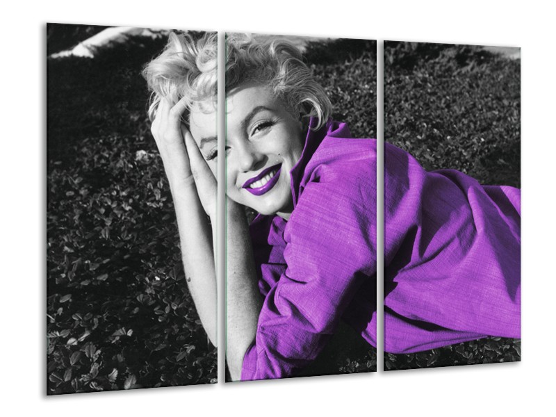 Glasschilderij Marilyn Monroe | Zwart, Grijs, Paars | 120x80cm 3Luik
