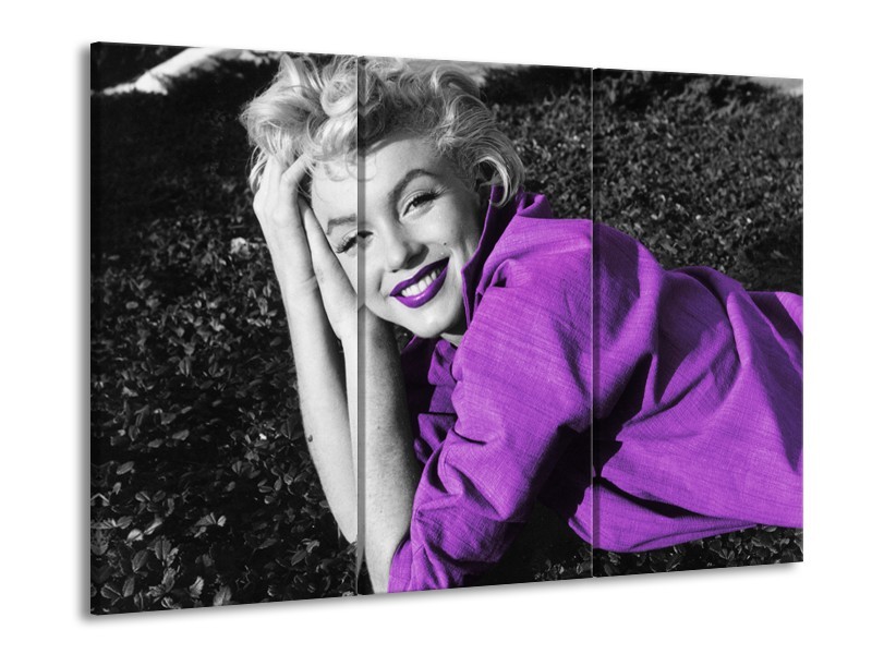Glasschilderij Marilyn Monroe | Zwart, Grijs, Paars | 60x90cm 3Luik