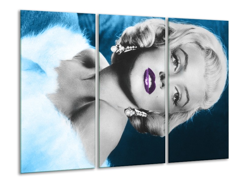 Glasschilderij Marilyn Monroe | Grijs, Blauw, Paars | 120x80cm 3Luik