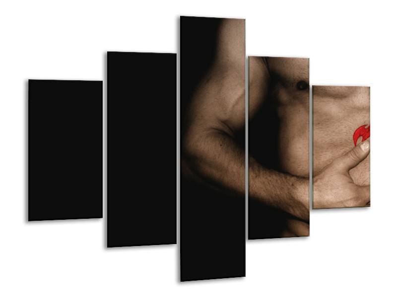 Canvas Schilderij Man, Akt | Zwart, Bruin, Rood | 100x70cm 5Luik