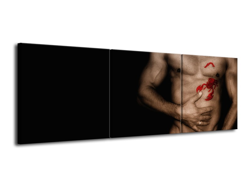 Canvas Schilderij Man, Akt | Zwart, Bruin, Rood | 120x40cm 3Luik