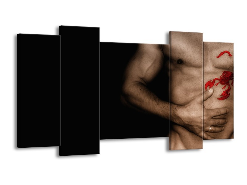 Canvas Schilderij Man, Akt | Zwart, Bruin, Rood | 120x65cm 5Luik