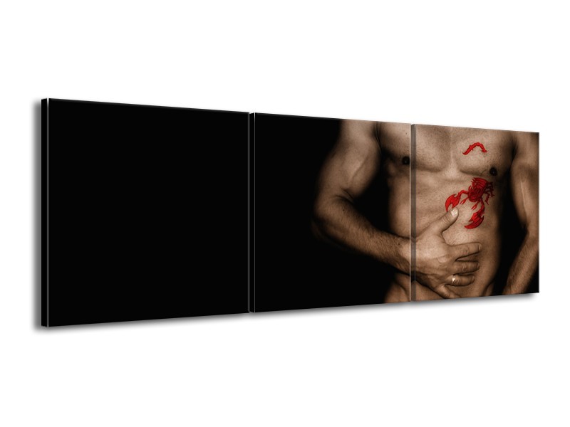 Canvas Schilderij Man, Akt | Zwart, Bruin, Rood | 150x50cm 3Luik