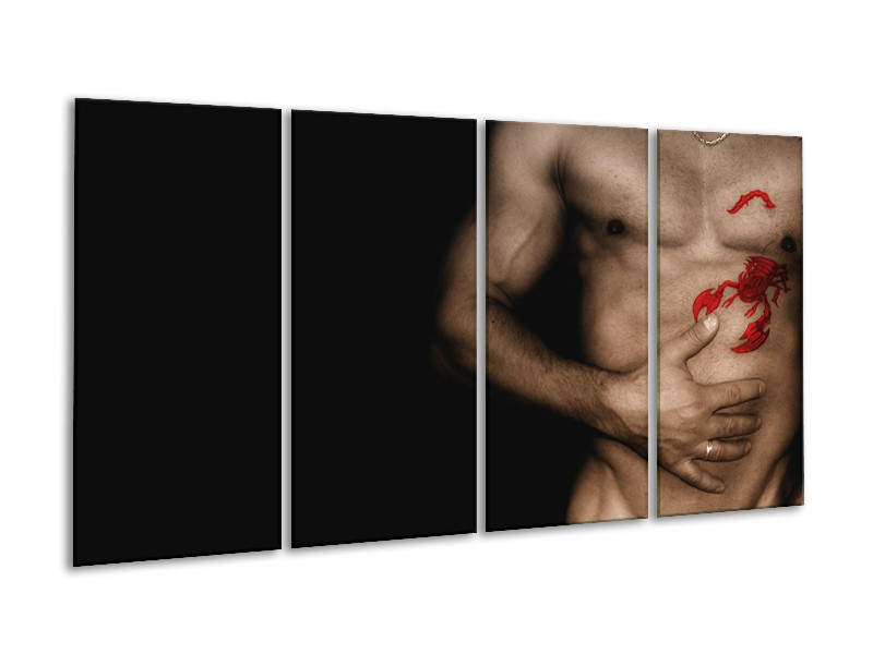 Glasschilderij Man, Akt | Zwart, Bruin, Rood | 160x80cm 4Luik