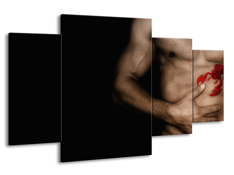 Canvas Schilderij Man, Akt | Zwart, Bruin, Rood | 160x90cm 4Luik