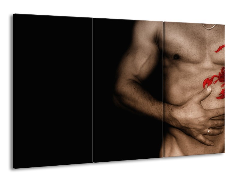 Canvas Schilderij Man, Akt | Zwart, Bruin, Rood | 165x100cm 3Luik