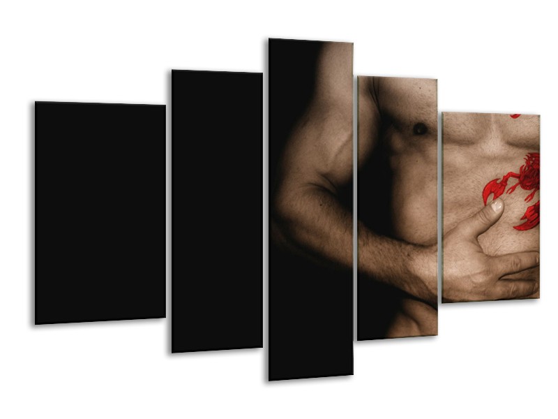 Canvas Schilderij Man, Akt | Zwart, Bruin, Rood | 170x100cm 5Luik