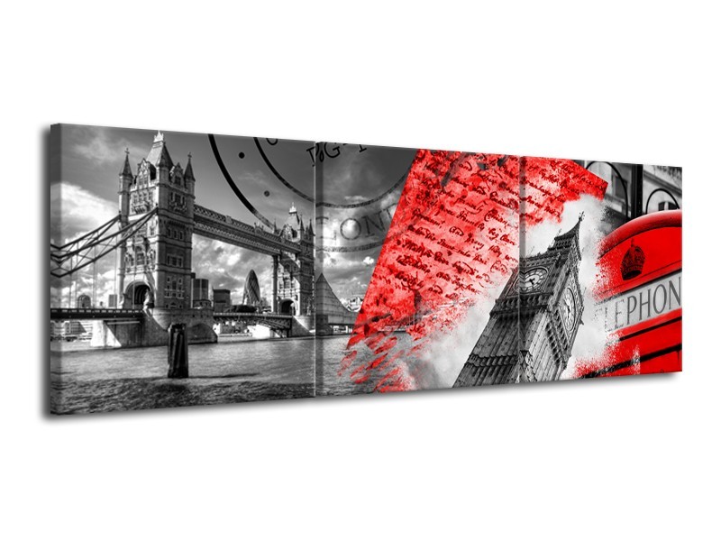 Glasschilderij Engeland, London | Grijs, Rood, Zwart | 120x40cm 3Luik