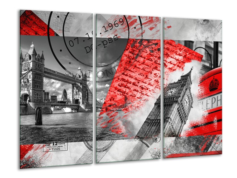 Glasschilderij Engeland, London | Grijs, Rood, Zwart | 120x80cm 3Luik