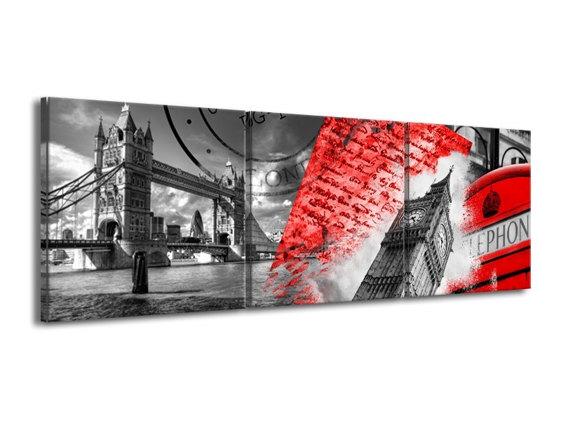 Glasschilderij Engeland, London | Grijs, Rood, Zwart | 150x50cm 3Luik