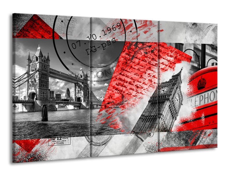 Canvas Schilderij Engeland, London | Grijs, Rood, Zwart | 165x100cm 3Luik