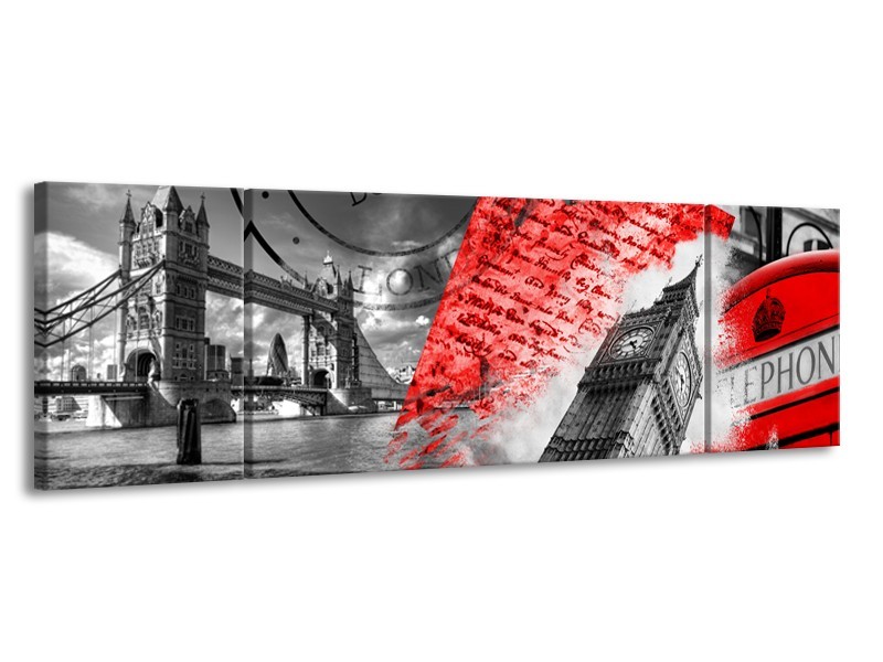 Canvas Schilderij Engeland, London | Grijs, Rood, Zwart | 170x50cm 3Luik