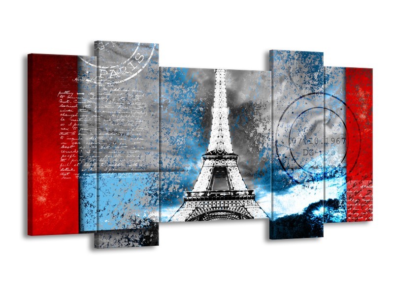 Glasschilderij Parijs, Eiffeltoren | Grijs, Blauw, Zwart | 120x65cm 5Luik