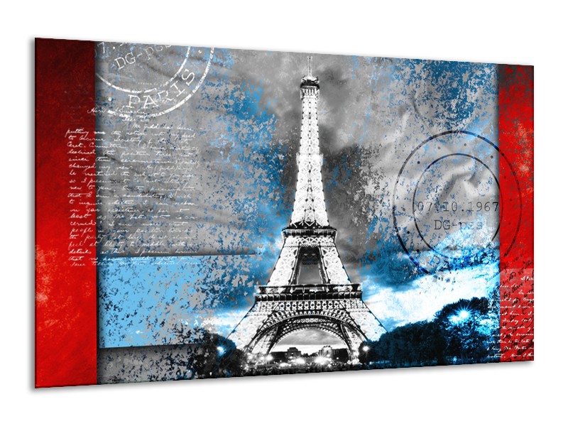 Glasschilderij Parijs, Eiffeltoren | Grijs, Blauw, Zwart | 120x70cm 1Luik