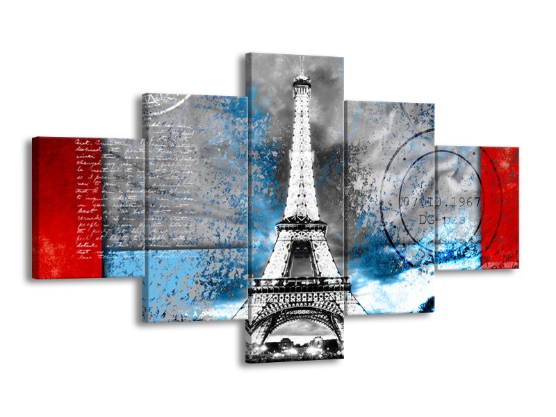 Canvas Schilderij Parijs, Eiffeltoren | Grijs, Blauw, Zwart | 125x70cm 5Luik