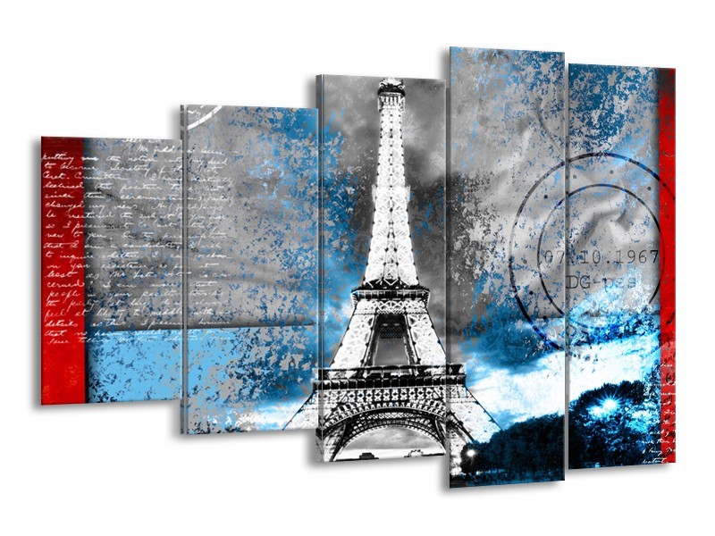 Canvas Schilderij Parijs, Eiffeltoren | Grijs, Blauw, Zwart | 150x100cm 5Luik