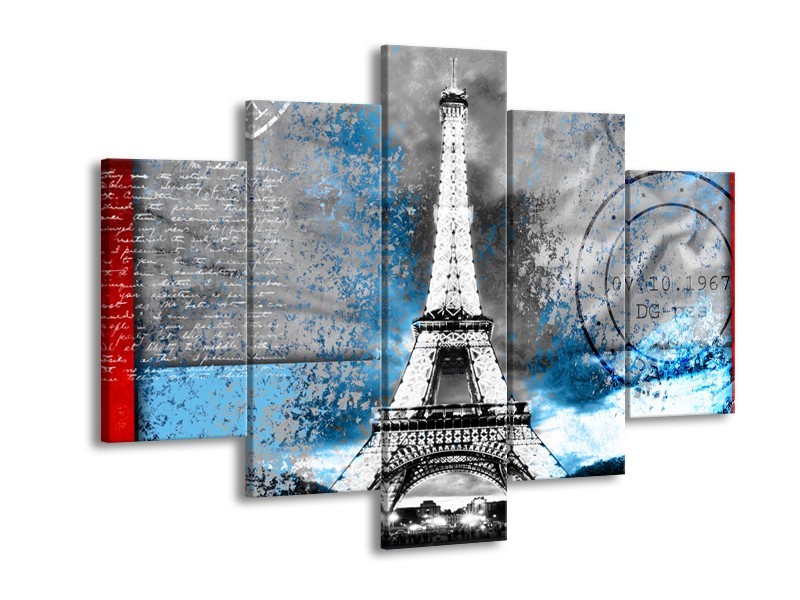 Glasschilderij Parijs, Eiffeltoren | Grijs, Blauw, Zwart | 150x105cm 5Luik