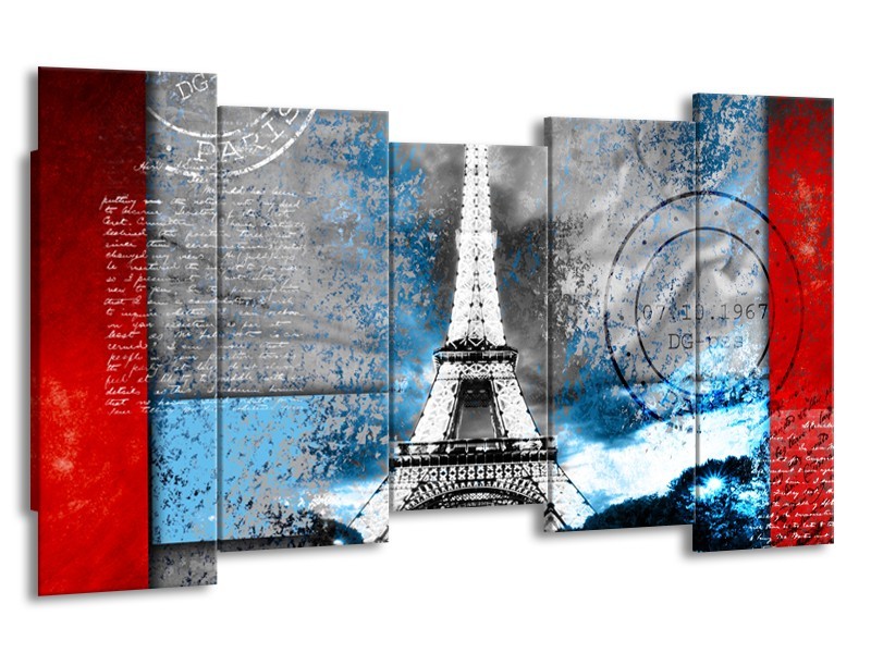 Canvas Schilderij Parijs, Eiffeltoren | Grijs, Blauw, Zwart | 150x80cm 5Luik