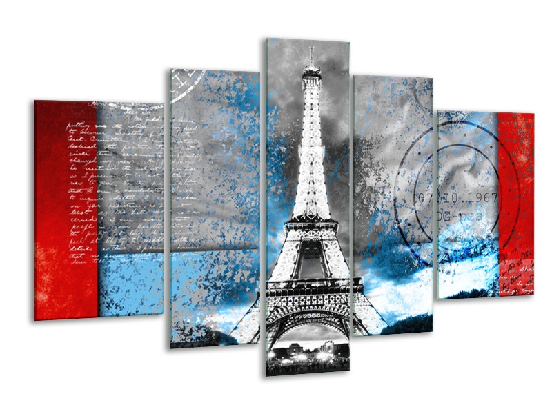 Canvas Schilderij Parijs, Eiffeltoren | Grijs, Blauw, Zwart | 170x100cm 5Luik