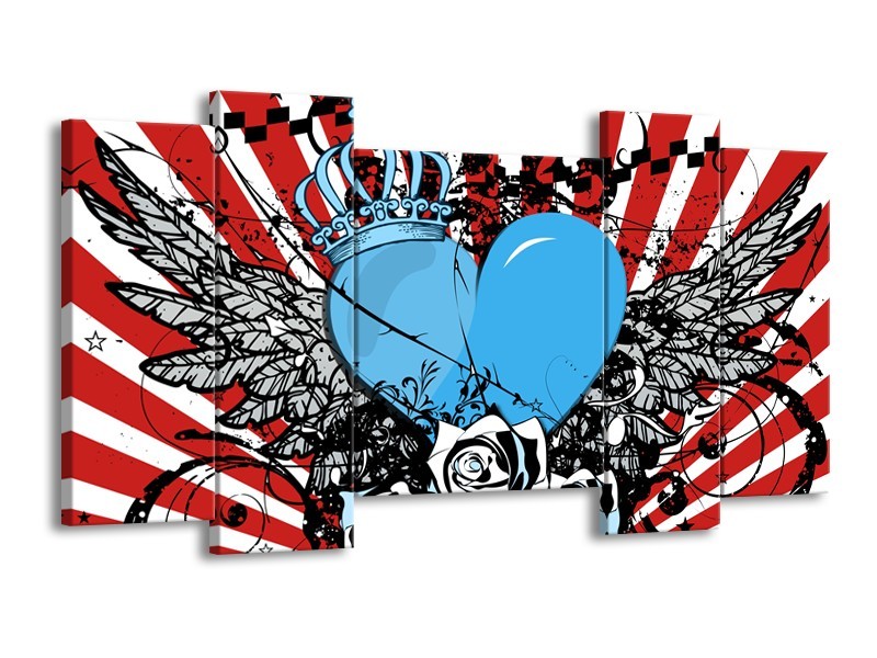 Canvas Schilderij Popart, Hart | Blauw, Rood, Zwart | 120x65cm 5Luik