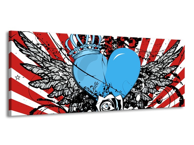 Canvas Schilderij Popart, Hart | Blauw, Rood, Zwart | 145x58cm 1Luik