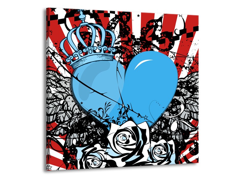 Canvas Schilderij Popart, Hart | Blauw, Rood, Zwart | 50x50cm 1Luik