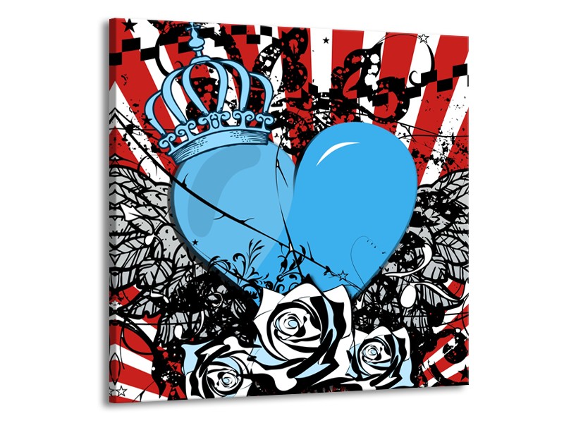 Canvas Schilderij Popart, Hart | Blauw, Rood, Zwart | 70x70cm 1Luik