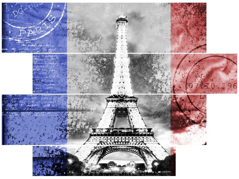 Glasschilderij Parijs, Eiffeltoren | Grijs, Rood, Blauw | 115x85cm 4Luik