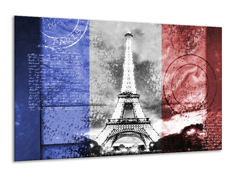 Glasschilderij Parijs, Eiffeltoren | Grijs, Rood, Blauw | 120x70cm 1Luik