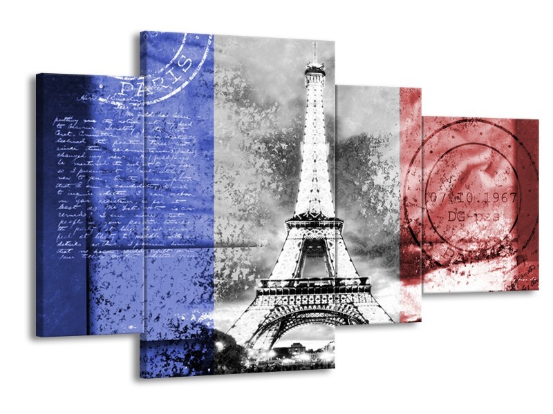 Canvas Schilderij Parijs, Eiffeltoren | Grijs, Rood, Blauw | 120x75cm 4Luik