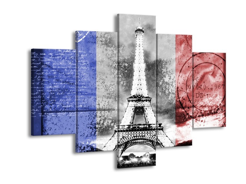 Glasschilderij Parijs, Eiffeltoren | Grijs, Rood, Blauw | 150x105cm 5Luik