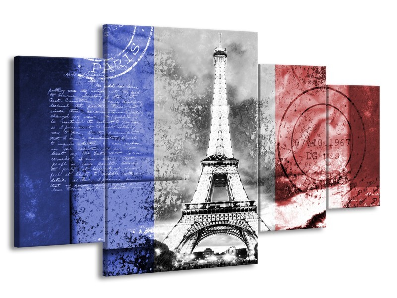 Canvas Schilderij Parijs, Eiffeltoren | Grijs, Rood, Blauw | 160x90cm 4Luik