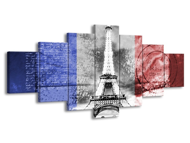 Canvas Schilderij Parijs, Eiffeltoren | Grijs, Rood, Blauw | 210x100cm 7Luik