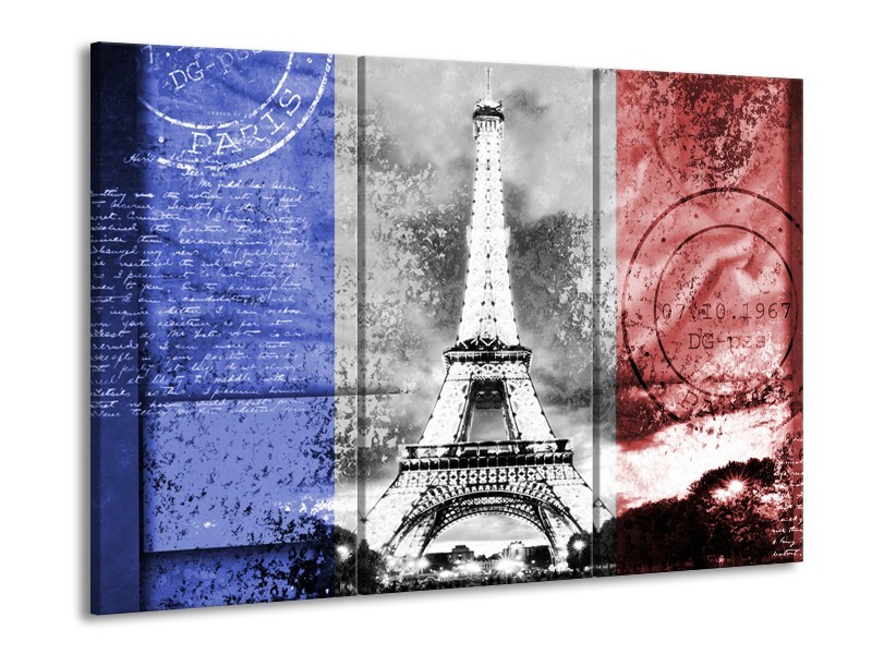 Canvas Schilderij Parijs, Eiffeltoren | Grijs, Rood, Blauw | 60x90cm 3Luik